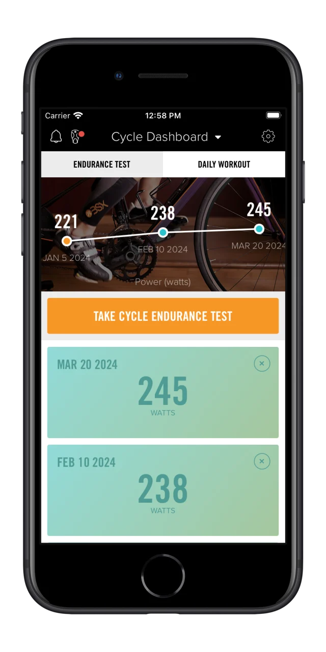 Assessment history showing prior endurance test results