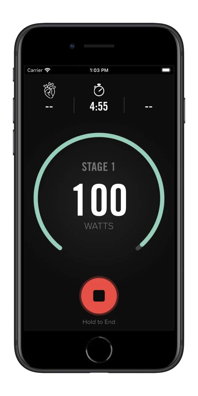 Active assessment screen: Stage 1, 100 watts, hold to end
