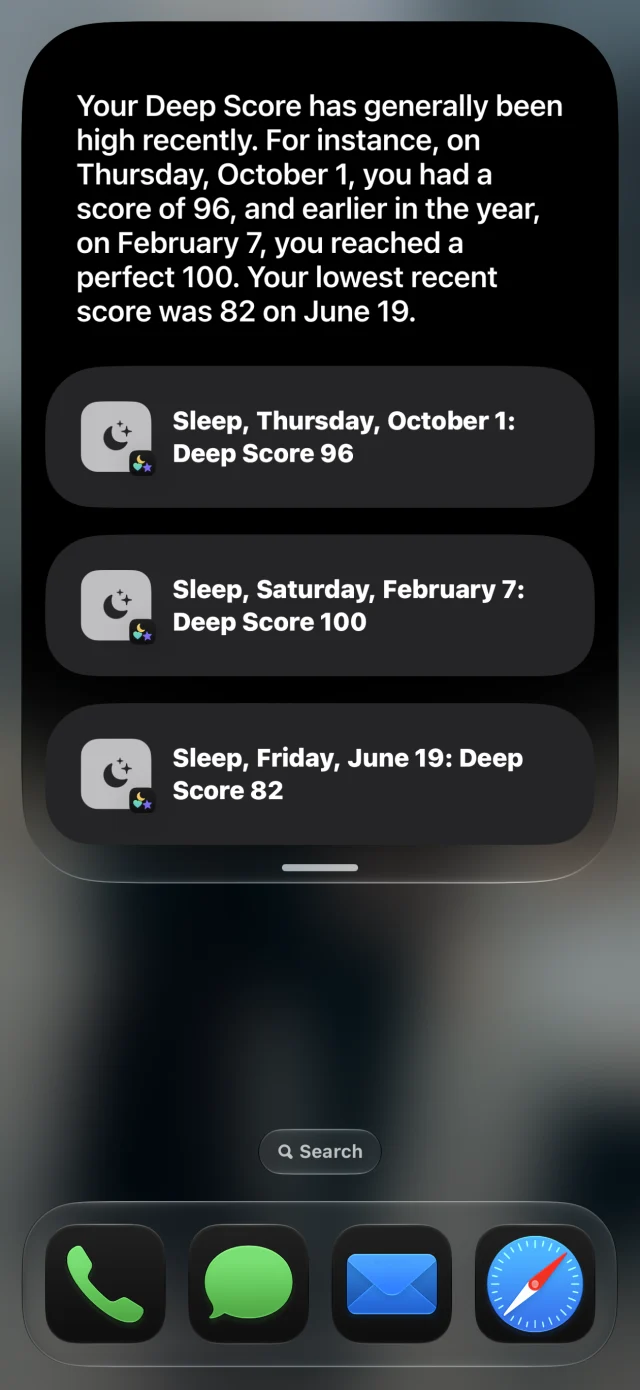 Siri summing up recent nights: mostly high, with a 96 on October 1, a 100 on February 7 and a low of 82 on June 19