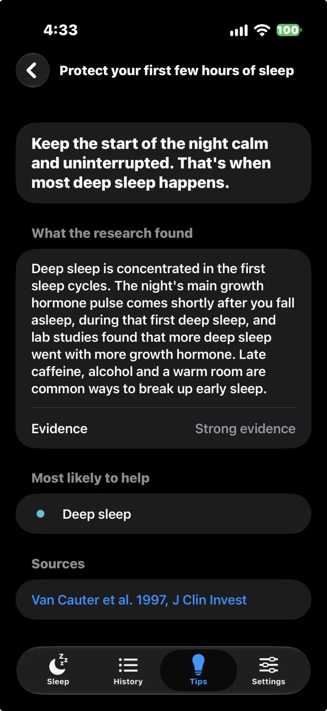 A sleep tip with what the research found, its evidence rating and the study behind it