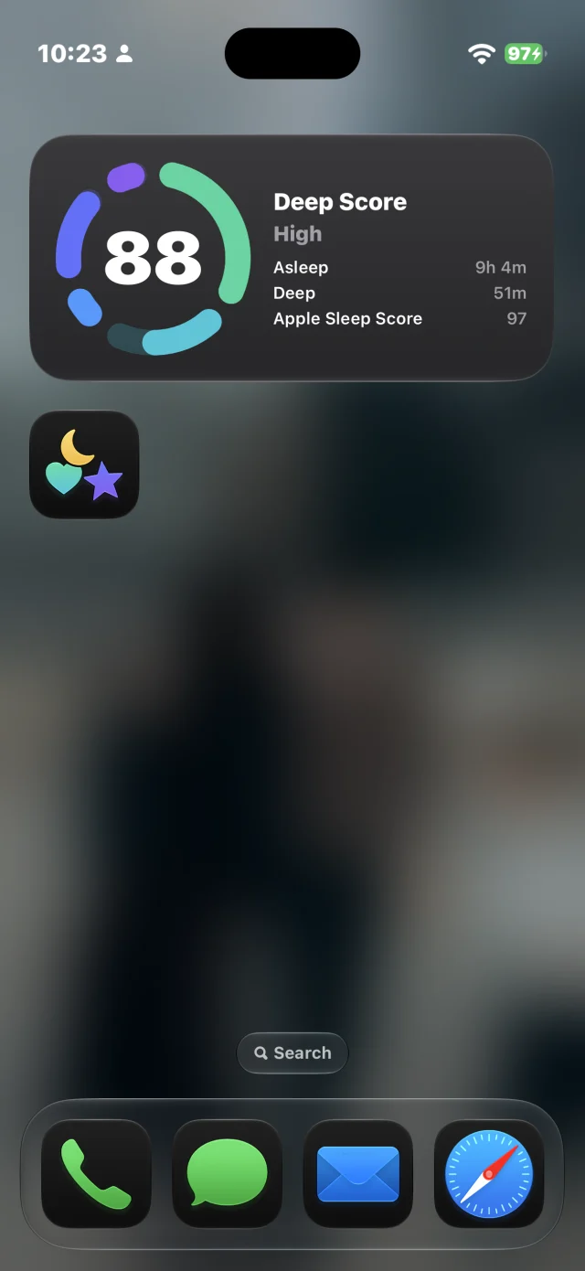The Home Screen widget: a Deep Score of 88, with time asleep, deep sleep and Apple's score of 97
