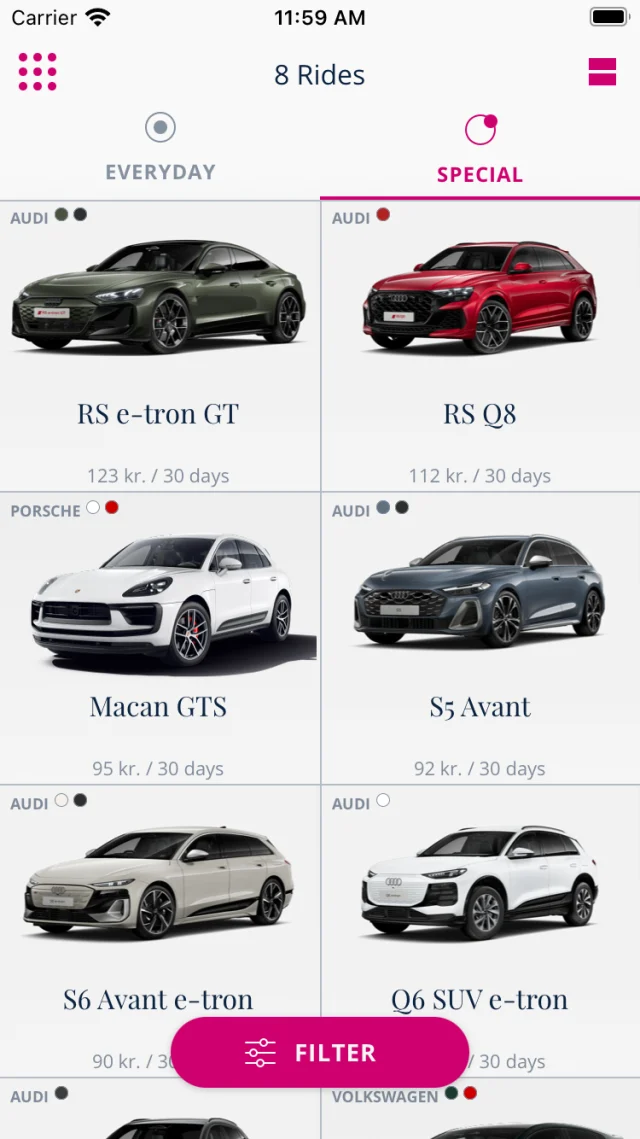 Dribe vehicle browsing grid showing available car inventory