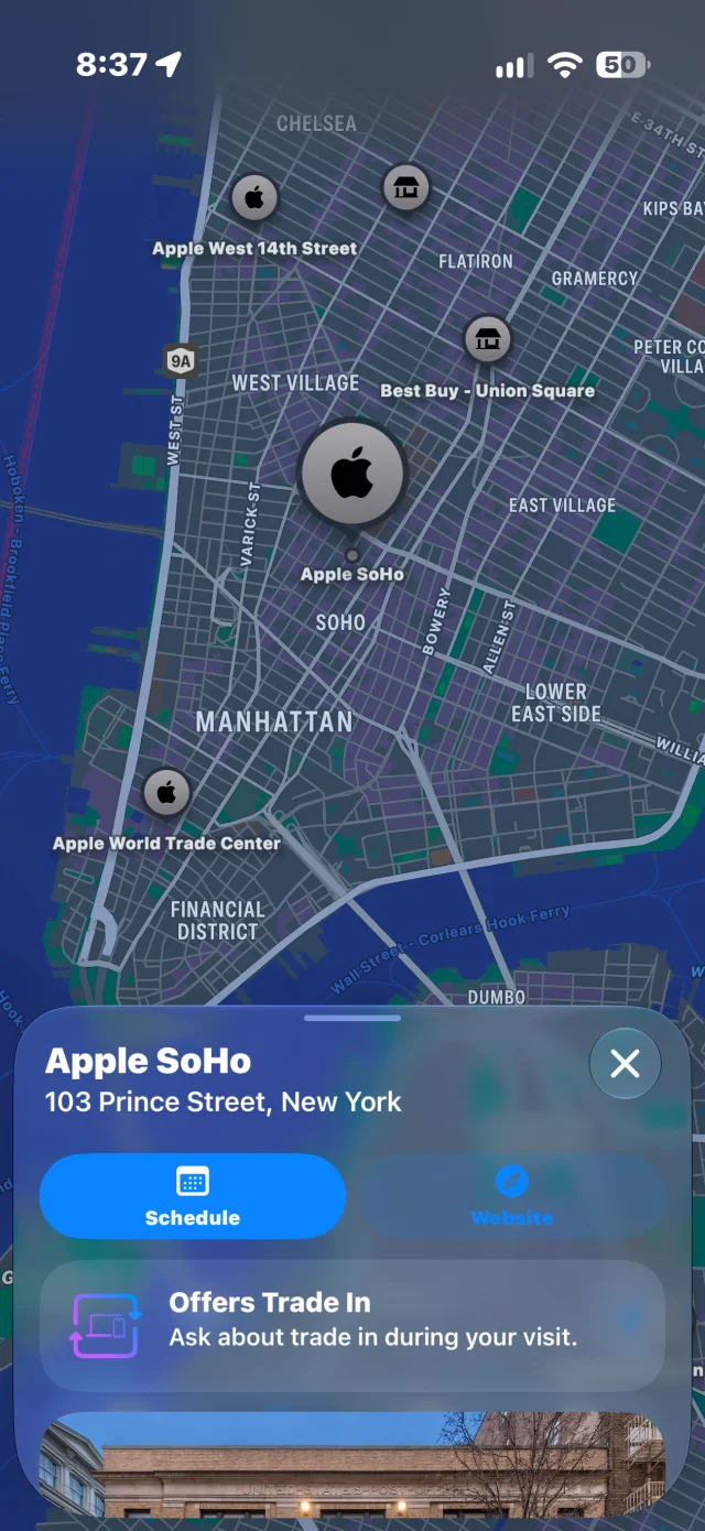 Store search on iPhone, showing nearby locations on the map