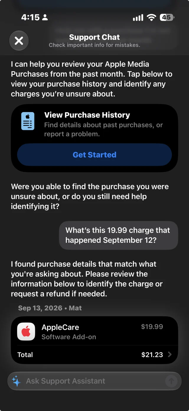 Asking about an unfamiliar charge: the assistant finds the matching purchase and shows the receipt inline