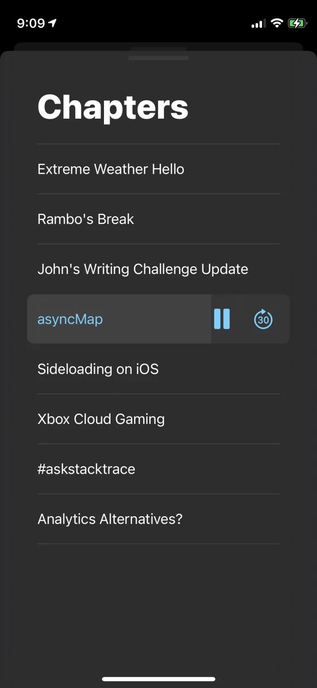 Chapter list on iPhone, with the playing chapter expanded into transport controls